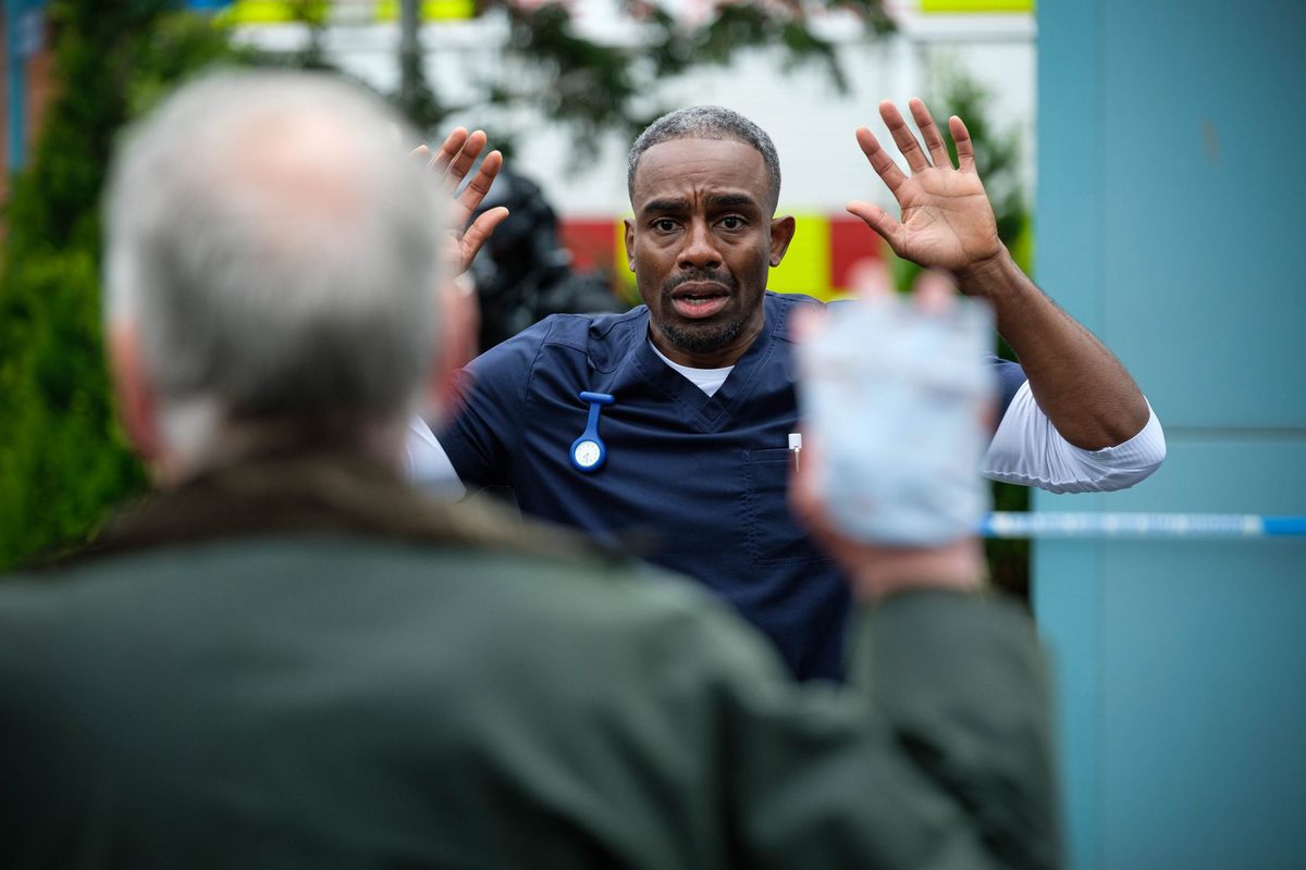 Terrfied Jacob is taken hostage by Roy in Casualty