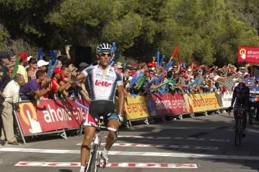 Philippe Gilbert (Omega Pharma-Lotto) celebrates a sparkling win.