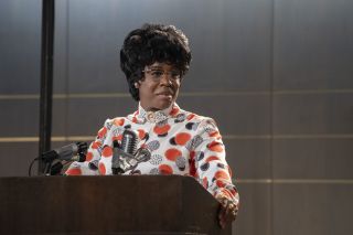 Uzo Aduba as presidential candidate Shirley Chisholm takes to the lectern in a scene from Mrs America