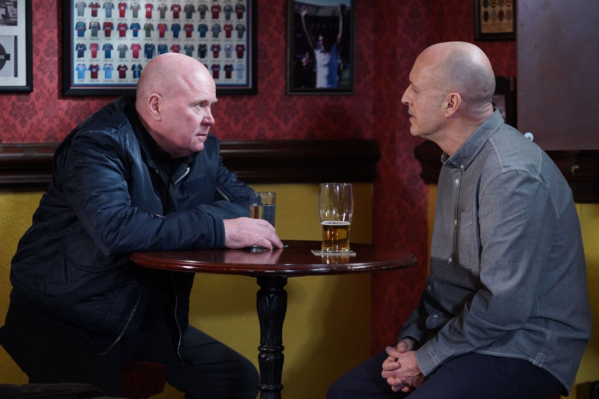 Phil Mitchell and Danny Hardcastle discuss a deal in EastEnders.