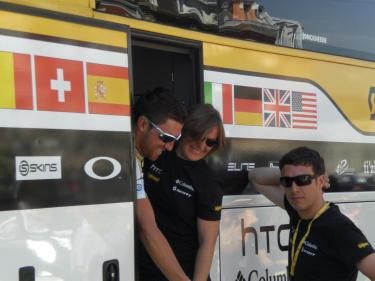 Bernard Eisel squeezes past Kristy Scrymgeour, the team's PR agent.