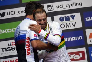 Outgoing world champion Peter Sagan passes the torch to Alejandro Valverde