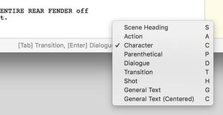 Pulldown menu of screenplay element formats in Scrivener.