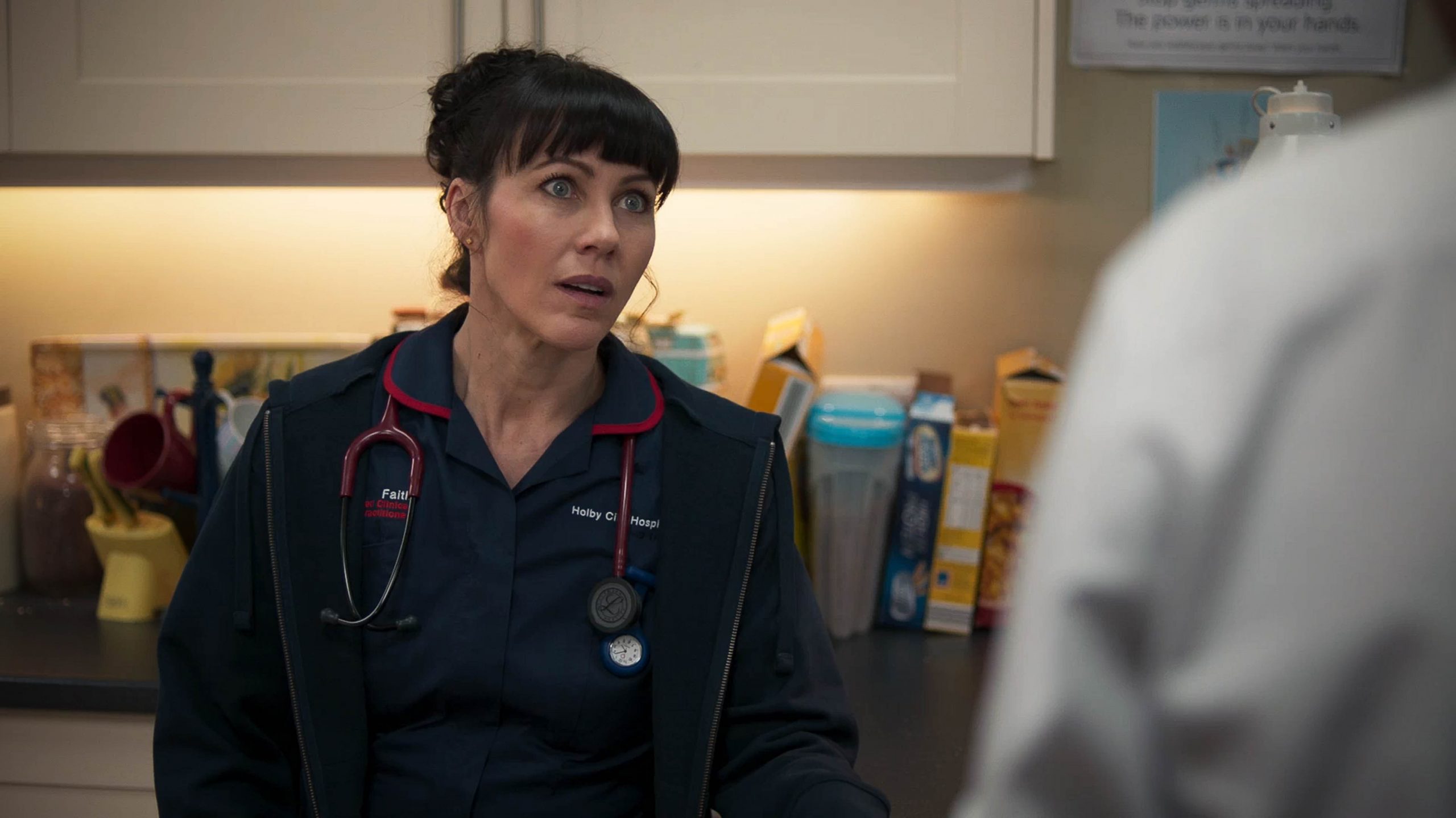 Faith looking shocked with Dylan in Casualty