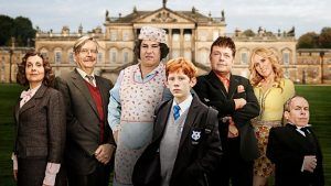 The cast of Billionaire Boy, including David Walliams as Mrs Trafe the dinner lady. (Picture: BBC)