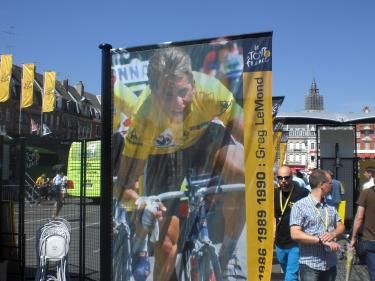 Greg LeMond depicted on banners in Cambrai.