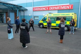 External shot of socially distant filming in Casualty