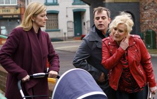 Liz, Leanne and Steve with Oliver in Coronation Street