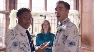 Mitchell and Scott on their wedding day in Hollyoaks