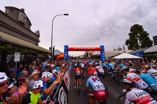 Riders get underway in Unley for the start of stage 4 at the Tour Down Under