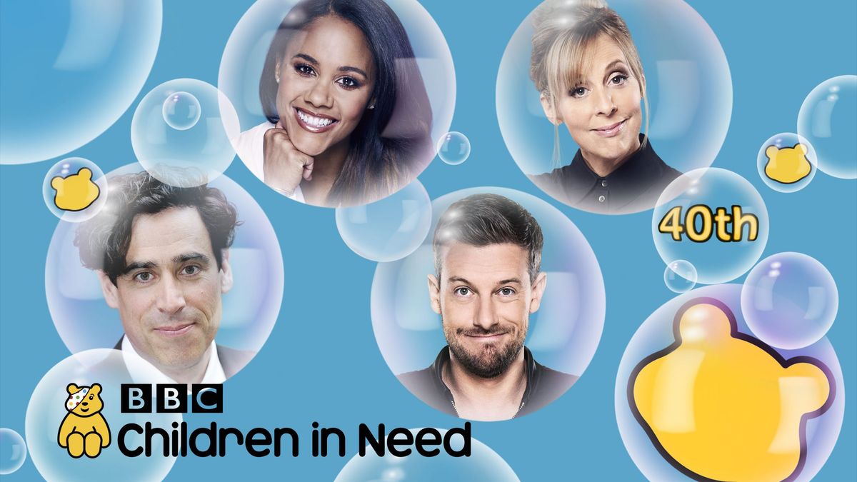 BBC Children In Need hosts Stephen Mangan, Alex Scott, Chris Ramsey and Mel Giedroyc appear in a burst of bubbles