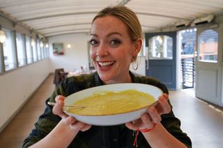 Cherry Healey with a bowl of pea soup