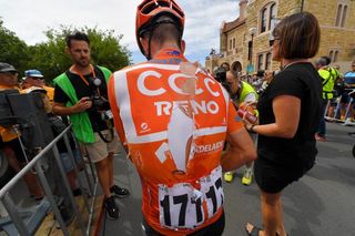 Paddy Bevin is banged up at the finish of stage 5 at the Tour Down Under